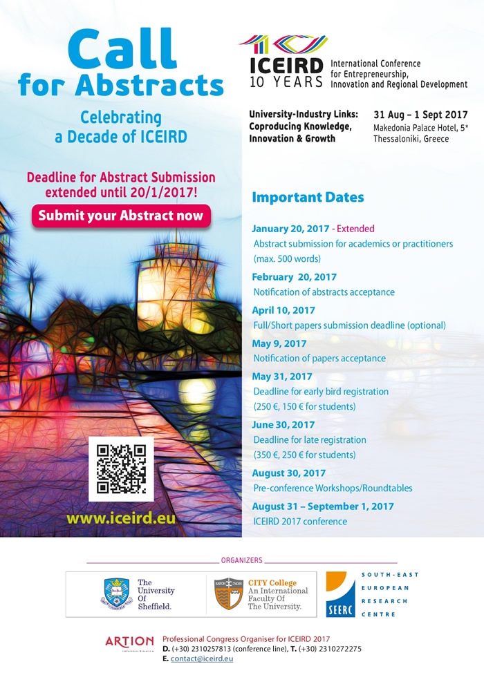 10th International Conference for Entrepreneurship, Innovation and Regional Development (ICEIRD 2017) in Thessaloniki